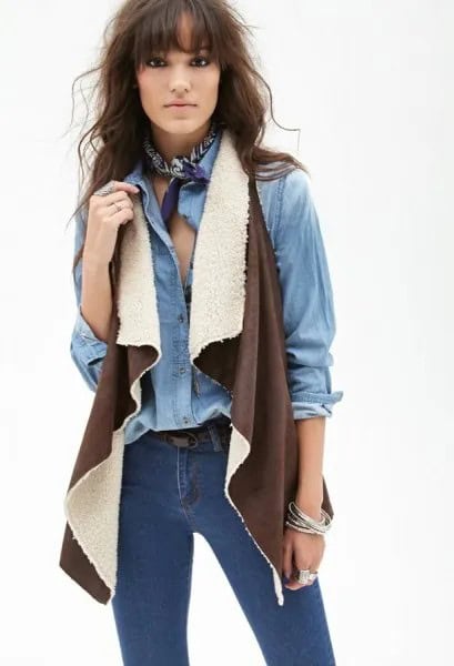 Chambray Shirt with Brown Shearling Vest & Skinny Jeans