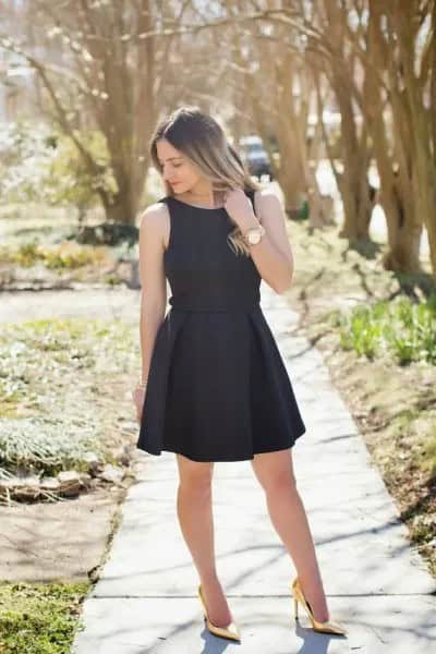 Black Sleeveless Fit and Flare Mini Dress with Gold High Heels