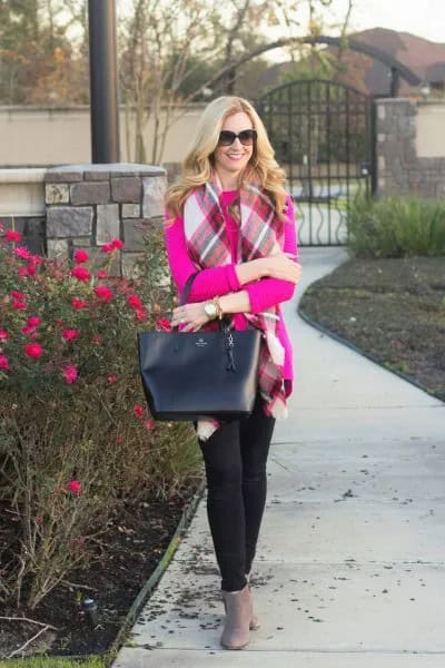 Hot Pink Sweater with White & Red Plaid Scarf