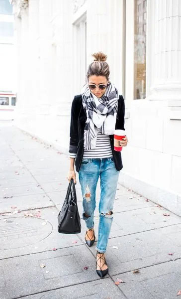 Black Blazer with Striped Tee & Heavily Ripped Boyfriend Jeans