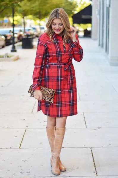 Red and Black Tie Waist Tartan Dress with Knee High Boots