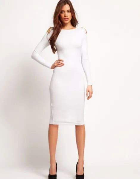 Long Sleeve Boat Neck Midi Dress with Black Ballet Heels