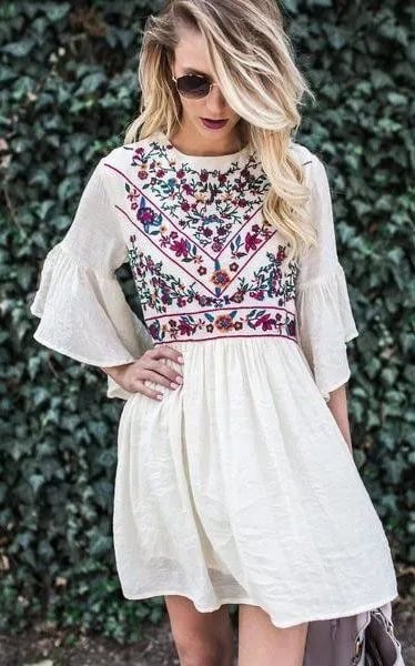 Linen White Embroidered Dress