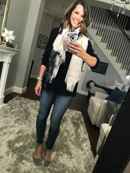 Black Button Up Shirt with White Scarf & Rose Gold Velvet Flats