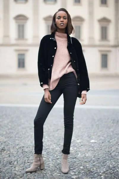 Black Denim Jacket with Ivory Mock Neck Chunky Sweater & Skinny Jeans