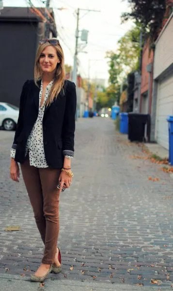 Black Blazer with White Polka Dot Button Up Blouse