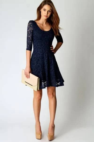 Navy Half Sleeve Lace Mini Skater Dress