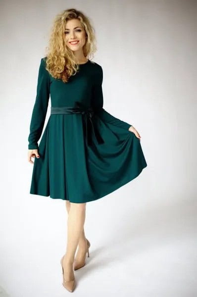 Long Sleeve Dark Green Fit and Flare Midi Dress with Pale Pink Heels