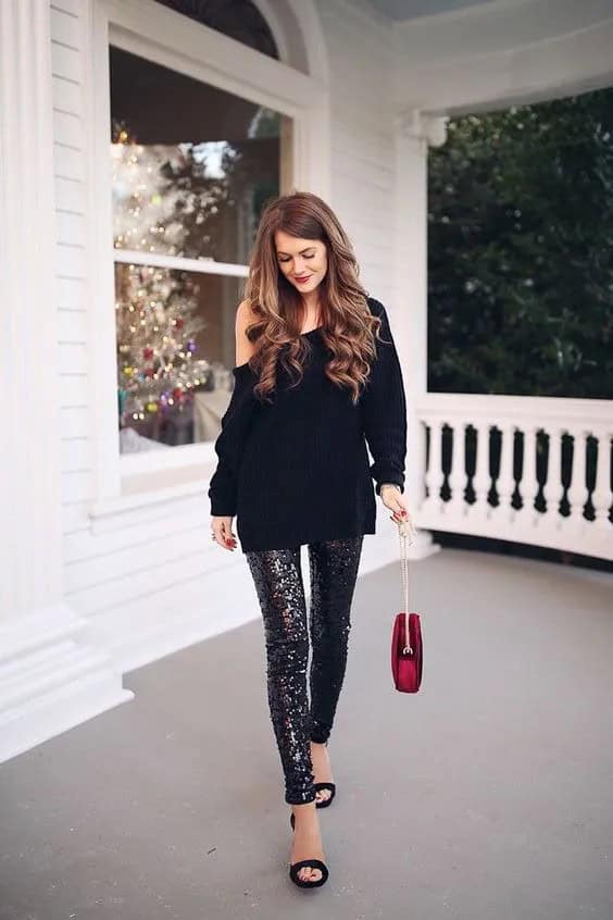 Black Over-the-One-Shoulder Sweater and Sequin Leggings