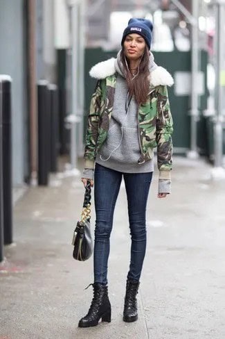 Faux Fur Collar Camo Windbreaker with Grey Hoodie & Dark Blue Skinny Jeans