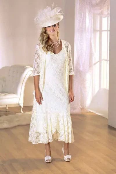 White Lace Cardigan with Maxi Lace Hem Flowy Dress