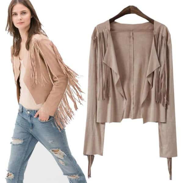 Pale Pink Short Suede Fringe Jacket with Ripped Boyfriend Jeans