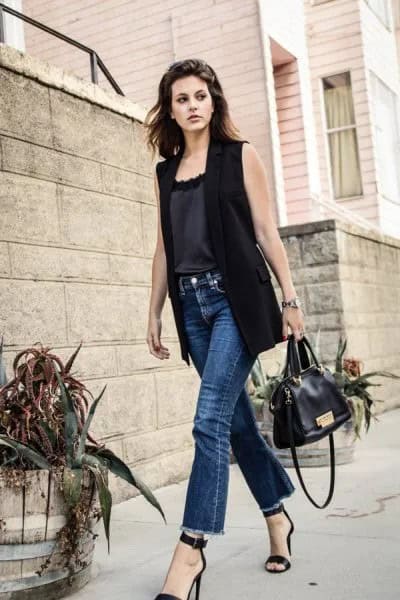 Black Sleeveless Blazer with Silk Camisole & Jeans