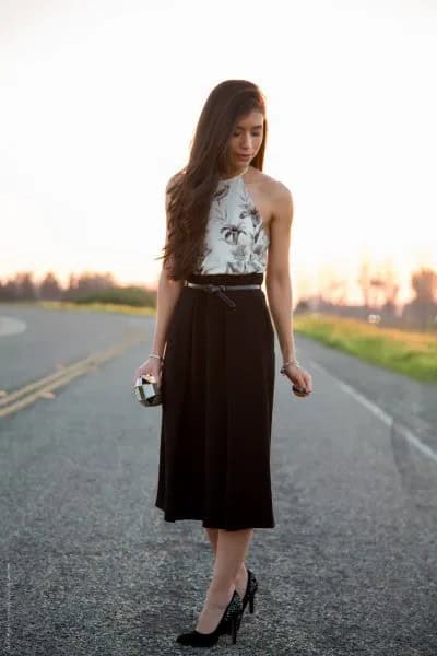 White Floral Printed Halter Top with Black Midi High Rise Skirt