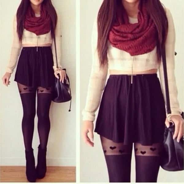 White Cropped Blouse with Red Infinity Scarf & Mini Skirt