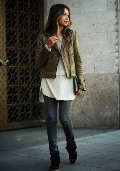 Brown Leather Biker Jacket with White Tunic Top & Grey Jeans