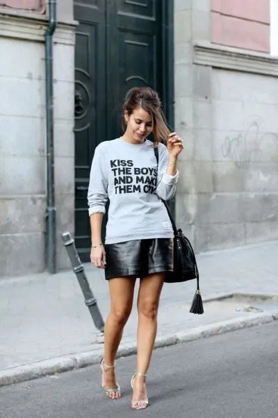 Grey Graphic Sweatshirt with Black Mini Leather Skirt