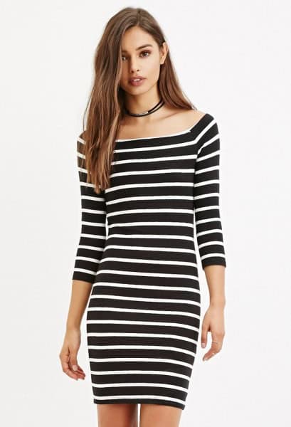 Boat Neck Black and White Striped Bodycon Dress