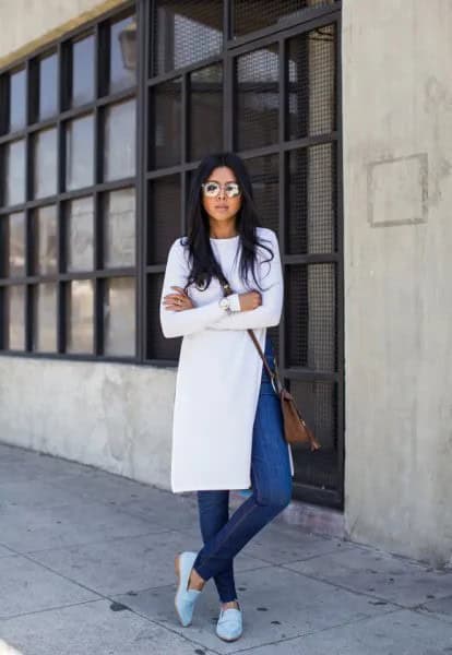 Blue Jeans with White Tunic Dress with Slit