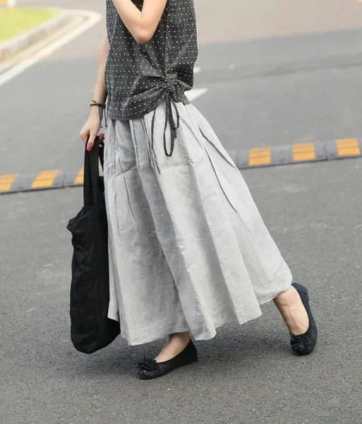 Black and White Polka Dot Sleeveless Blouse with Light Grey Maxi Linen Skirt