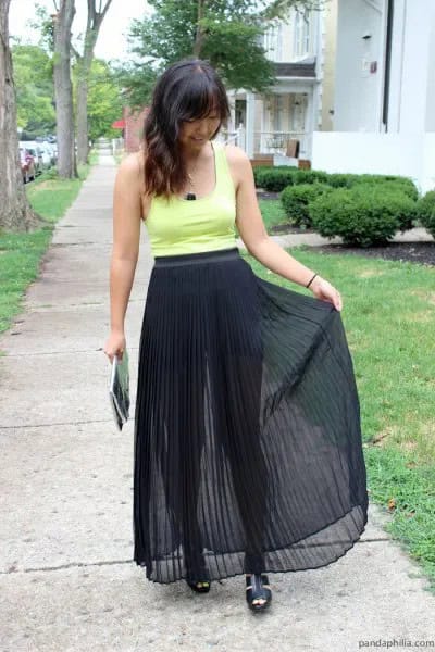 Black Pleated Maxi Skirt with Yellow Tank Top