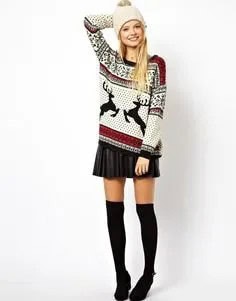 White, Red and Black Printed Sweater with Mini Pleated Skirt