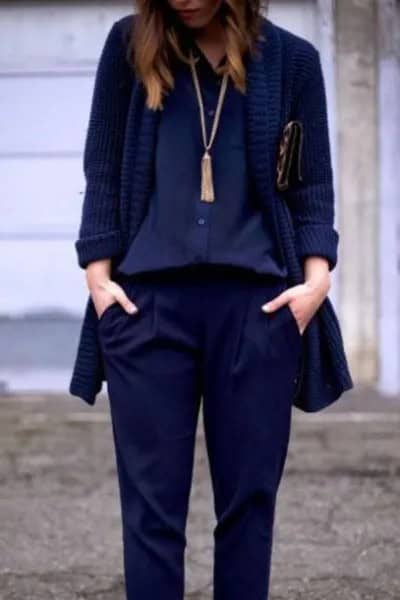 Navy Blouse with Blazer & Long Boho Style Necklace