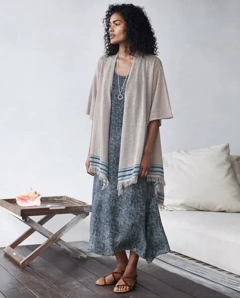 Grey Cardigan over Boho Style Maxi Dress