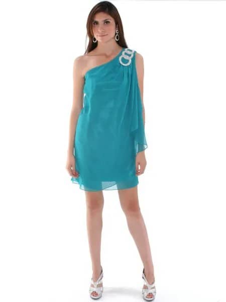 Teal Chiffon One Shoulder Mini Shift Dress