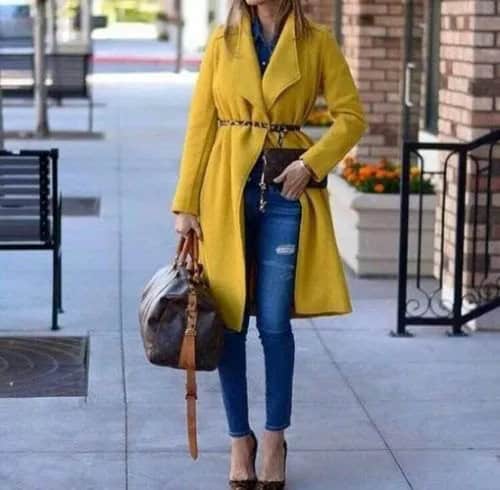 Fleece Belted Longline Yellow Coat with Blue Ankle Skinny Jeans