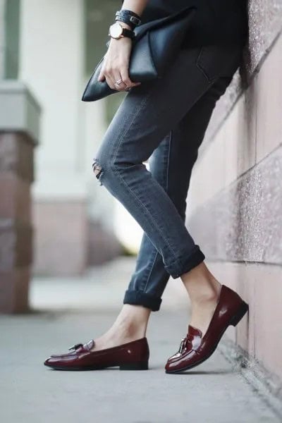 Black Blazer with Grey Cuffed Skinny Ripped Jeans & Burgundy Loafers