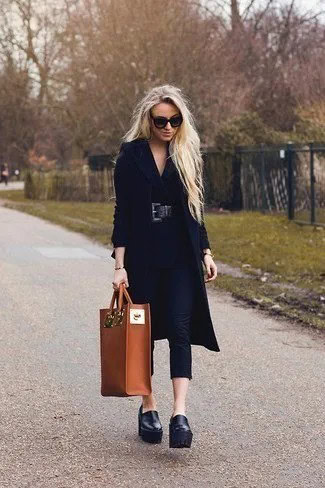 Black Longline Wool Coat with Leather Platform Loafers