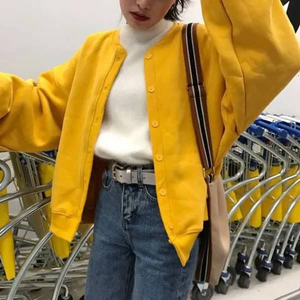 Oversized Lemon Yellow Bomber Jacket with White Mock Neck Sweater