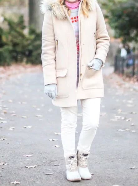 Blush Pink Faux Fur Collar Long Coat with Skinny Jeans & White Duck Boots