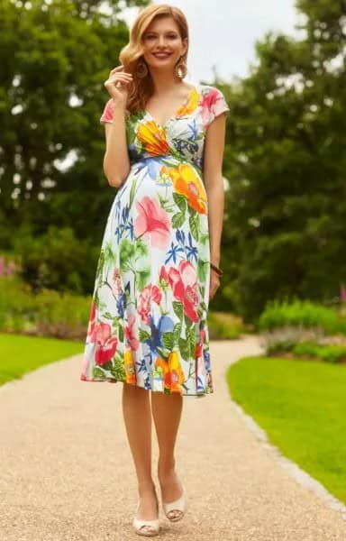 Floral Print Fit and Flare Midi Hawaiian Wedding Dress