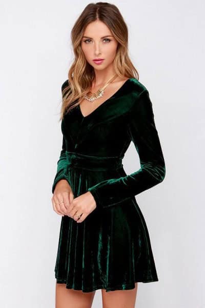 Green Deep V Neck Long Sleeve Skater Dress