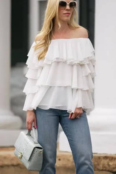 Off The Shoulder Multi-Layered Ruffle Chiffon Blouse with Blue Jeans