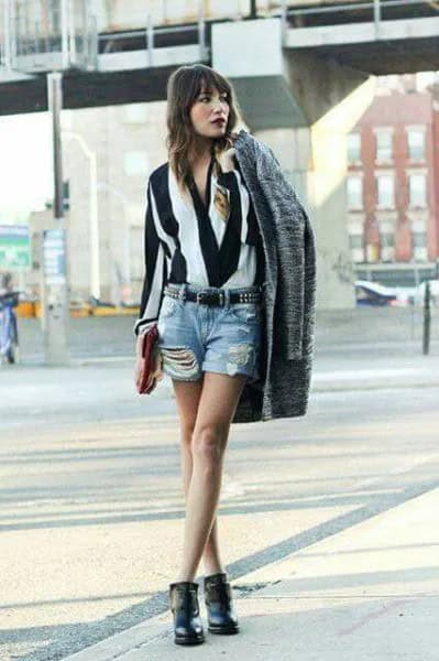 Black and White Striped Blouse with Denim Ripped Shorts