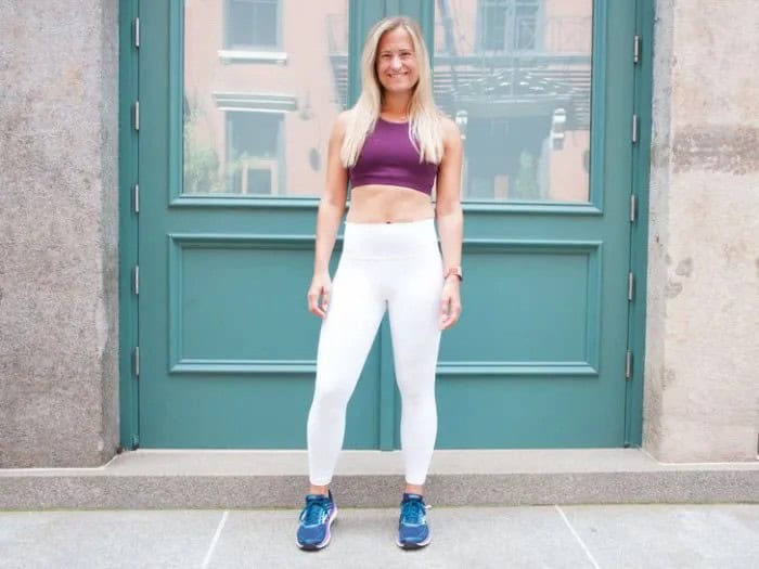 Black Crop Top with High Rise White Leggings & Running Shoes