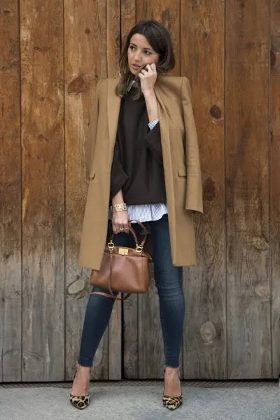 Camel Longline Wool Coat with Dark Blue Skinny Jeans