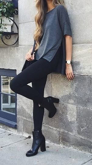 Grey Oversized T Shirt with Black Skinny jeans & Short Boots