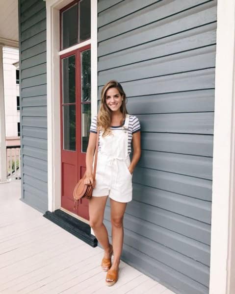 Overall Shorts with Navy and White Striped T Shirt