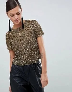 Crepe Sequin Tee with Black Faux Leather Maxi Skirt