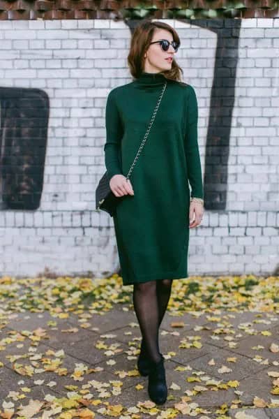 Black Mock Neck Knitted Knee Length Dress