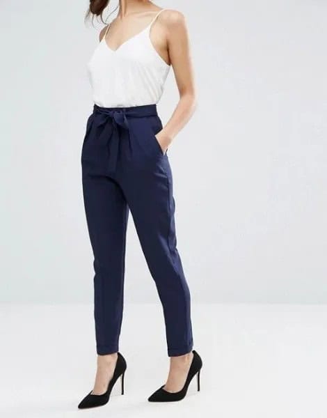 Navy Skinny Pants with White Silk Camisole