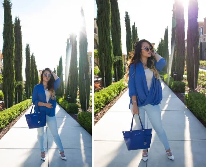 Royal Blue Leather Purse with Matching Draped Top & White Jeans