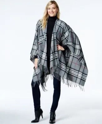 Grey and White Plaid Poncho with All-Black Outfit