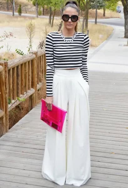 Black and White Striped Long Sleeve Cropped Tee with Palazzo Pants