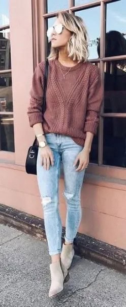 Green Ribbed Sweater with Blue Ripped Cuffed Jeans