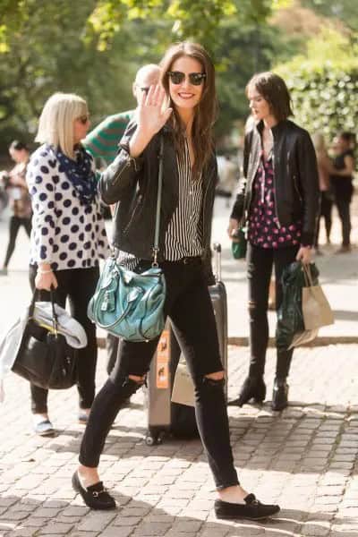 Black and White Striped Shirt with Leather Jacket & Loafers